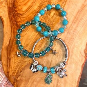 Blue and Silver Charm Beaded Bracelet Set